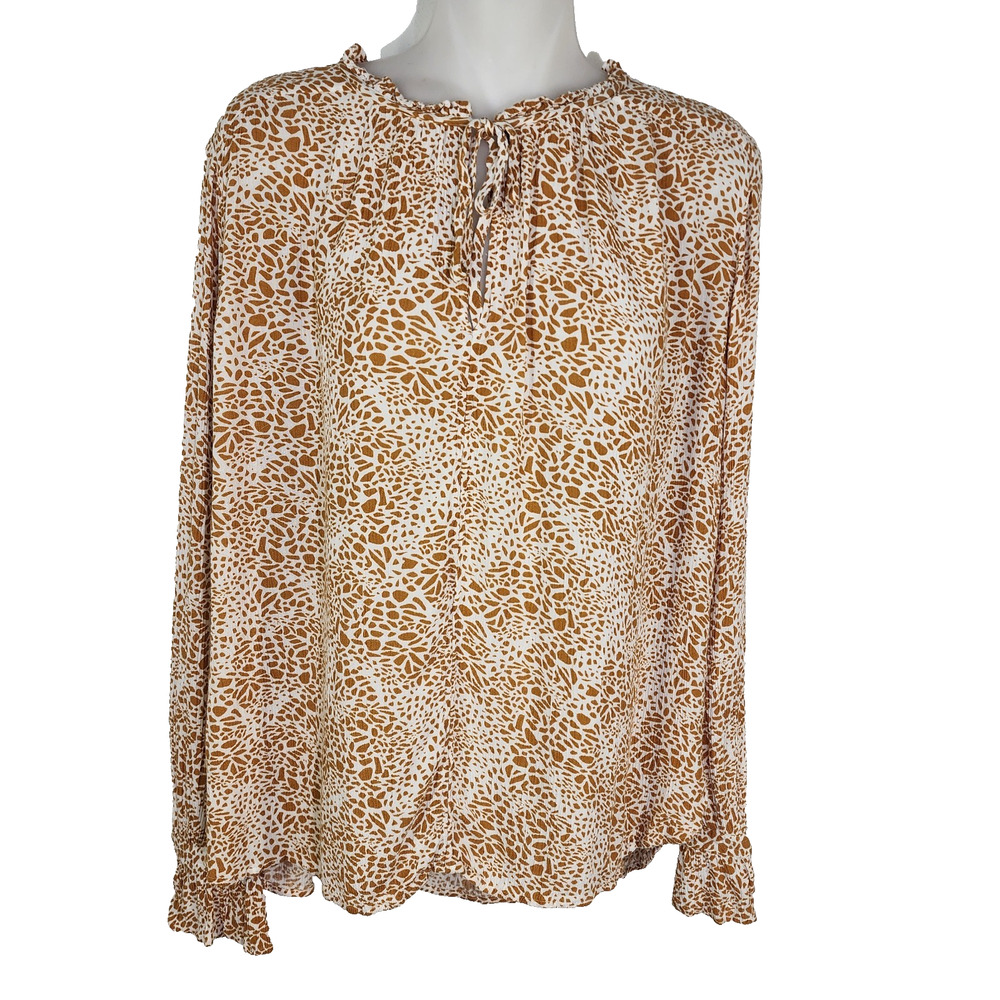 LOFT Ann Taylor Animal Print Blouse Medium Peasant Long Sleeve Brown Tie Neck
